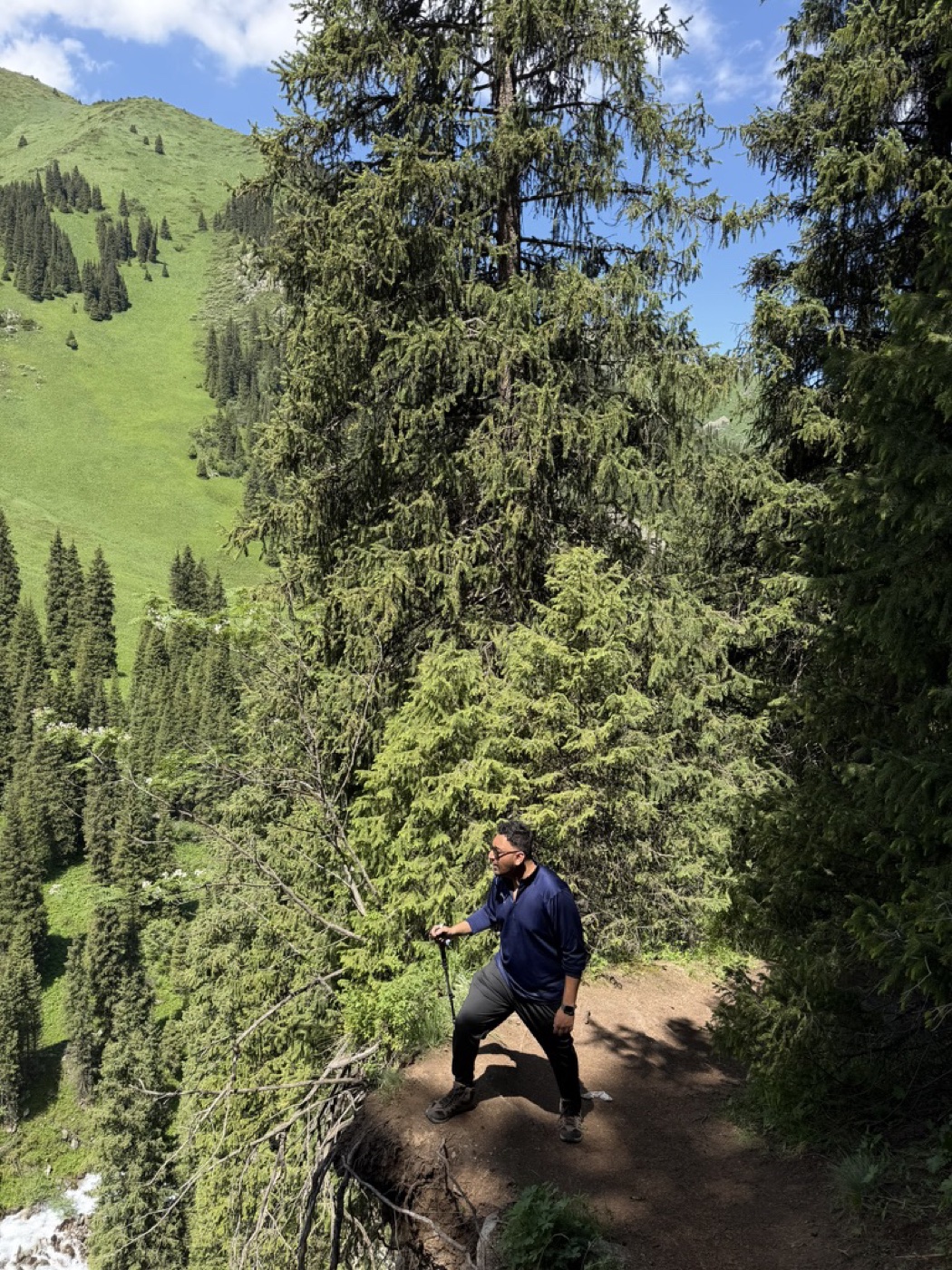 On a trail with a hiking pole